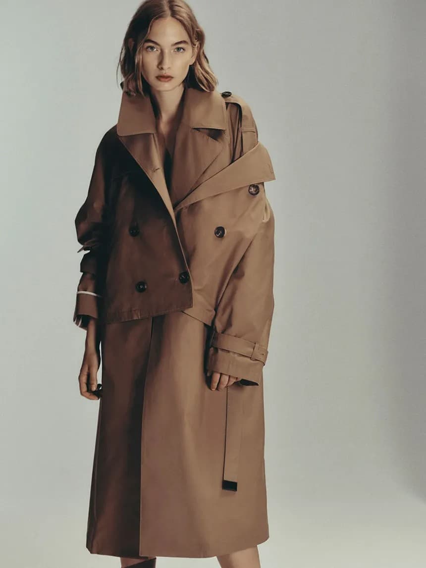 Camel oversized double-breasted trench coat on a model