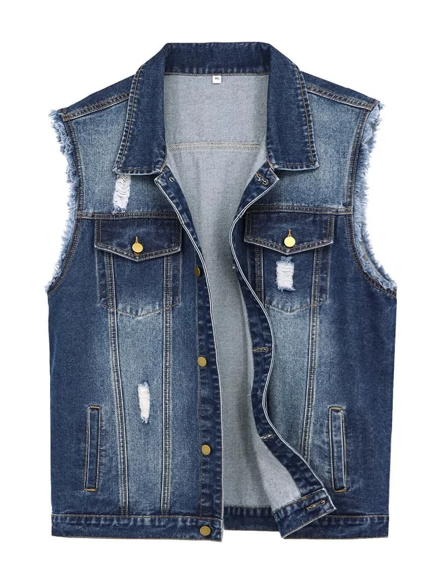 Washed indigo sleeveless denim vest, front view